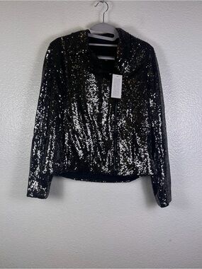 Colleen Lopez Women's Black Sequin Full Zip Long Sleeve Short Jacket Size S